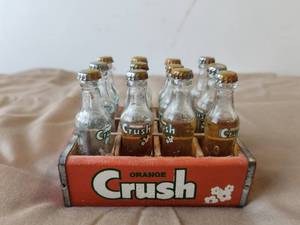 lot 49 image: Vintage Miniature Orange Crush soda bottles in crate - some still have product in them