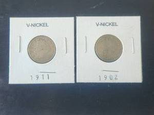 lot 111 image: Selection of 2 V-Nickels - 1902 and 1911