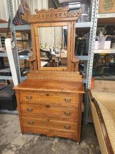 lot 202 image: Very nice Vintage dresser with hand carded design mirror and is on casters