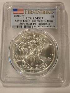 lot 252 image: 2020-P Silver Eagle - Emergency Issue - First Strike silver $1 PCGS - MS69