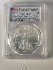 lot 314 image: 2020-P Silver Eagle - Emergency Issue - First Strike silver $1 PCGS MS69
