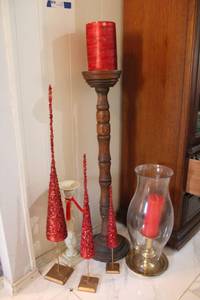 lot 8 image: Set of 3 Decorative Red Christmas Trees, Large Hurricane Candle Holder, Tall Wooden Candle Pedestal