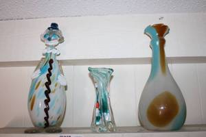 lot 11 image: MuranoClown Blown Glass Bottles (Brown and Blue Colors) and Small Vase