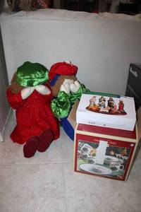 lot 17 image: Christmas Plush Boy and Girl Covering Eyes, Ceramic Nativity Set, and Christmas Tree Dishes