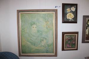 lot 23 image: Wall Art Two Flower Paintings and Print of Elegant Lady in Green 36x30 signed Mary Miller