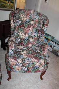 lot 25 image: Upholstered Queen Anne Style Wing Back Chair with Floral Pattern 30W x 45 Back H