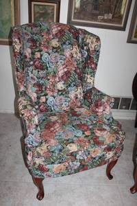 lot 26 image: Upholstered Queen Anne Style Wing Back Chair with Floral Pattern 30W x 45 Back H