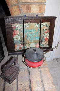 lot 43 image: Antique Cast Iron sad Iron, Fireplace Tool, Home Sweet Home Plaque