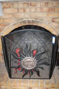 lot 44 image: Fireplace Screen, Metal Sun, and Pair of Red Ball End Fireplace Andirons