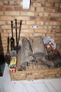 lot 45 image: Fireplace Tool Set, Scented Pinecones, Creosote Sweeping Log, and Firewood