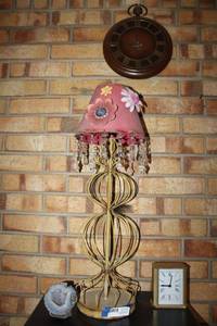 lot 46 image: Wire and Metal Table Lamp with Dangling Crystals, Geode Rock, and Clocks