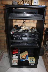 lot 47 image: Audio System and Glass Door Cabinet Yamaha Turntable and Amplifier, Pioneer Cd Player, Misc. Tapes