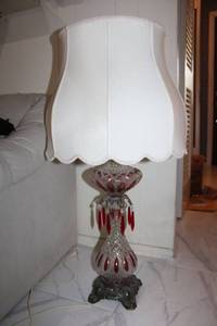 lot 56 image: 3Ft. Tall Vintage Crystal and Cranberry Glass Table Lamp with Szoke Lamp Shade