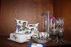 lot 57 image: Crystal Candle Holders, Napco China, Small Metal and Frosted Glass Wine Glasses, Pitcher Set
