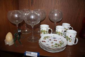 lot 60 image: Set of 5 Large Wine Goblets, China Tea Cup and Saucer Set marked Hand Painted Lenwile China ARDALT Japan