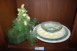lot 61 image: Green Depression Glass Luncheon Set, Milk Glass Platter and Egg Dish
