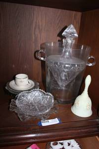 lot 62 image: Large Crystal Decanter with Glass Ice Bucket, Bell and Misc. Dishes as shown
