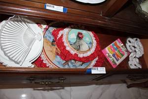 lot 63 image: Chicken Lot Napkin Rings, Luncheon Plates, Fabric Wall Hangings, and Napkins