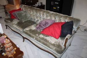 lot 151 image: Grey Velvet Couch with Button Tufted Back Plus Pillows