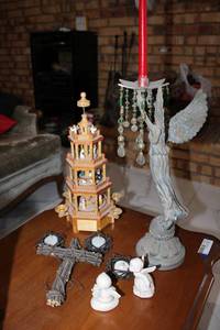 lot 153 image: Resin Angel Candle Holder, 4-Tier Wooden Pyramid Candelabra with Painted Figurines and More