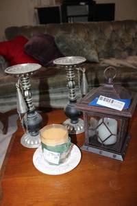 lot 155 image: Battery Operated Candle Lantern, Unopened Candle, Pair of Silver Tone and Black Candle Holders with Snuffers
