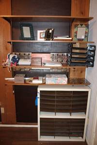 lot 70 image: Office Lot Wall Anchor Shelves, Paper Sorters, Chair Mat, Colored Glass Photo Frames, Brother Label Printer and More