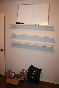 lot 74 image: Office Lot Wall Anchor Shelves, White Board, Pens and Accessories