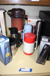 lot 79 image: Stainless Travel Mugs (look Unopened), Thermoses, and Carafes