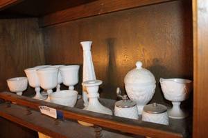 lot 119 image: White Milk Glass Goblets, Salt and Pepper, Candle Holder and More