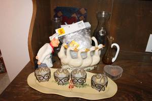 lot 125 image: Votive Candles, Ceramic Ducks in Circle Bowl, Beaded Chandelier Accessories, and Mini Pitcher Vase