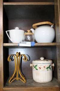 lot 129 image: Ceramic Teapot Set, Vintage Metal Mug Holder, and Cannister