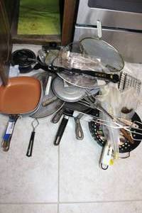 lot 136 image: Copper Skillets, Grill Utensils, Meat Doneness Checker, Cast Iron Skillets, see pictures