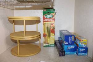 lot 137 image: Plastic Spinning Spice Racks, Pasta Express, Ziploc Bags and Foil
