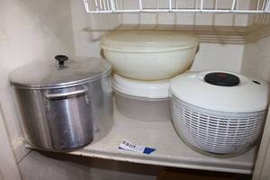 lot 138 image: OXO Salad Spinner, Stock Pot, Large Plastic Kitchen Storage Tubs
