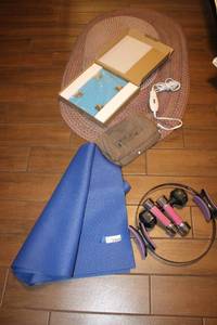lot 145 image: Fitness Lot Body Composition Smart Scale (Looks unopened), Hand Weights, Heating Pad and Oval Rugs