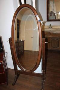 lot 149 image: Wood Cheval Oval Beveled Floor Mirror 28W x 59 from Floor Height