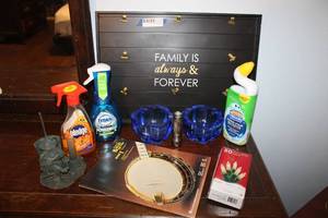 lot 150 image: Misc. Lot Wooden Family Photo Plaque, Blue Glass Bowls, Cleaners, Banjo Music Book