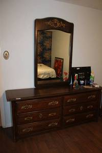 lot 159 image: 75W x 19.5D x 30.5H Dresser and Mirror 32W x 52H. Has wheels on bottom for easier moving. Matches Lot 144