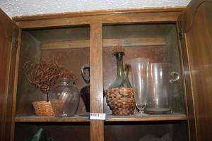 lot 163 image: Copper Tree Dcor, Glass Ice Bucket, Vintage Green Glass Wine Decanter with Wicker Base, and Purple Glass Decanter