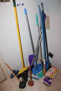 lot 165 image: Drain Cleaner, Brooms and Mop Lot with Swiffer Refills