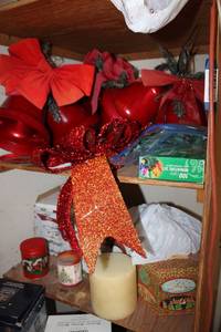 lot 172 image: Christmas Decorations Large Red Bells, Lights, 3-Wick Candle, Santa Pitchers, Ornaments