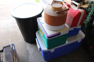 lot 184 image: Multiple Coolers and Plastic Trash Bin