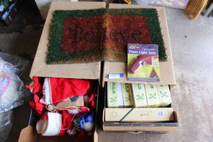 lot 186 image: Red Christmas Glass Ornaments, Stockings, Light Keeper Pro, and Outdoor Entry Rug