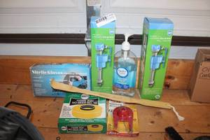 lot 190 image: Plumber Lot Hyrdoclean Fill Valves, Wax Toilet Bowl Gasket, Universal Kit, Box of Nitrile Gloves