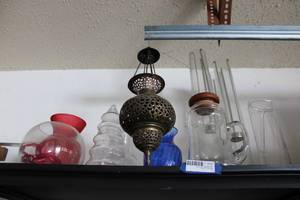 lot 209 image: Tall Tea Light Glass Vases, Clear and Colored Vases, Metal Hanging Incense Burner