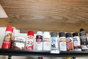 lot 223 image: Spray Paint Cans, Wood Stain, Liquid Gold Cleaner