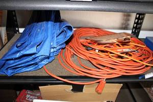 lot 226 image: Extension Cords, Blue Tarp and Dust Pan