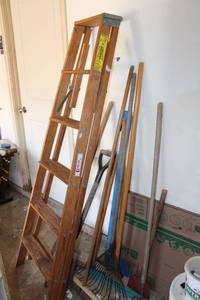 lot 232 image: Wooden Ladder and Yard Tools Rake, Shovels, Push Broom