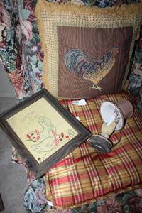 lot 27 image: 3 Pillows, Small Rooster Lamp, and Embroidered Chicken Plaque