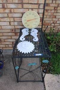 lot 258 image: Outdoor Metal Plant Table, Thermometer, and Wall Dcor